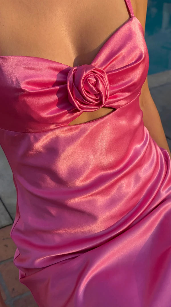 Prom Dress Hot Pink Satin Spaghetti Strap Maxi Dress With Floral Applique Cutout Cowl Back Formal Evening Party Gown