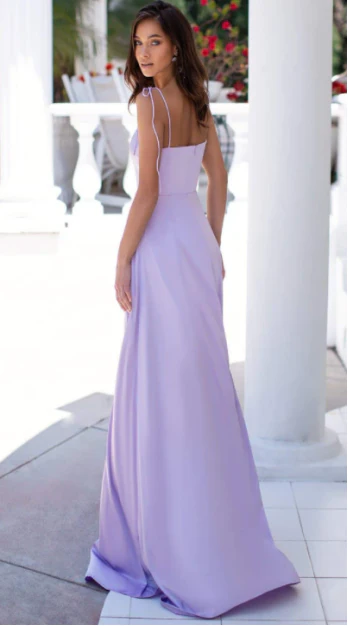 Prom Dress Lavender Strapless A Line Maxi Dress With Tie Shoulder Straps And High Slit Formal Evening Party Gown