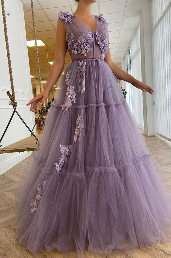 Prom Dress Lavender V Neck Tiered Tulle Maxi Dress With 3D Floral Appliques Formal Evening Party Gown
