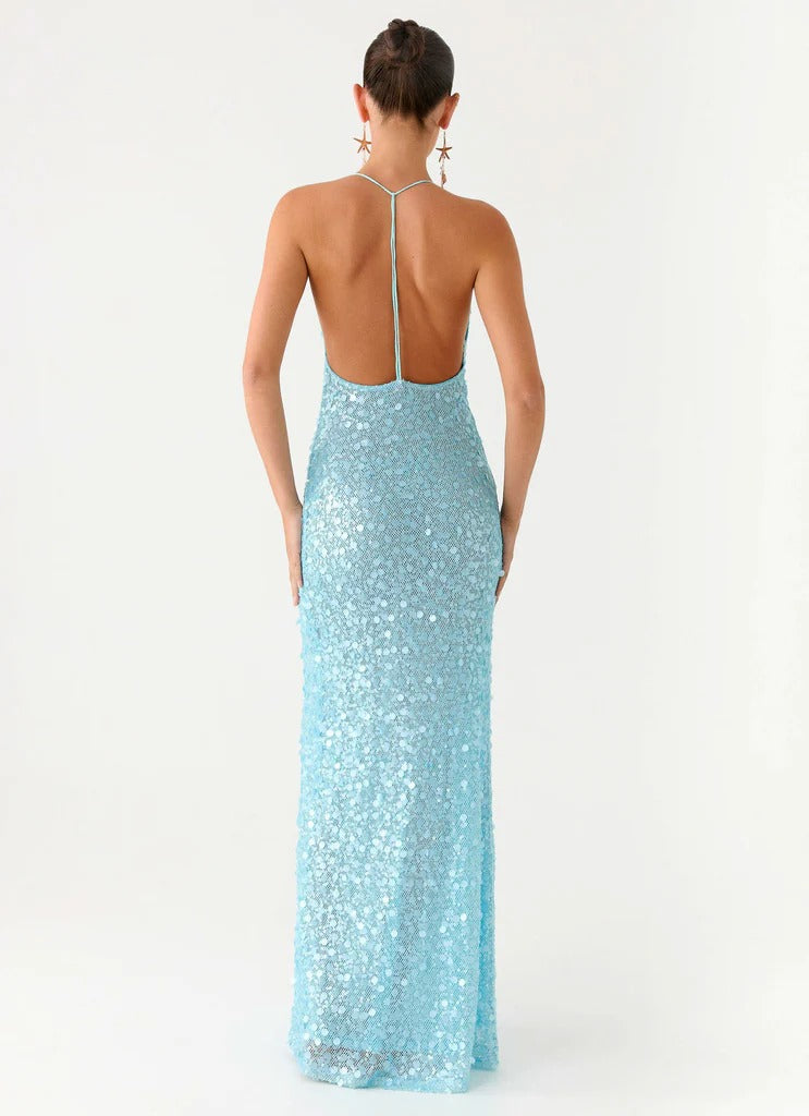 Prom Dress Light Blue Halter Neck Maxi Dress With Plunge V Neck Open Back Large Sequins Formal Evening Party Gown