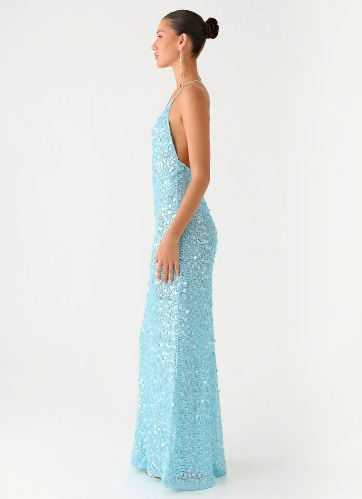 Prom Dress Light Blue Halter Neck Maxi Dress With Plunge V Neck Open Back Large Sequins Formal Evening Party Gown
