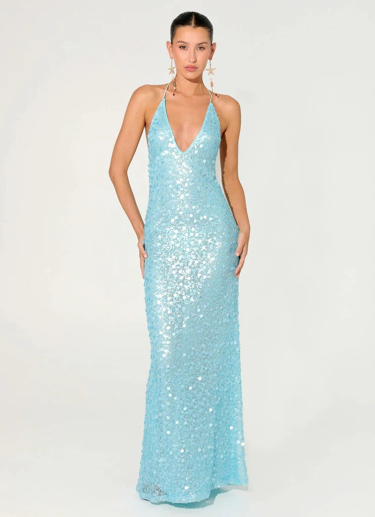 Prom Dress Light Blue Halter Neck Maxi Dress With Plunge V Neck Open Back Large Sequins Formal Evening Party Gown