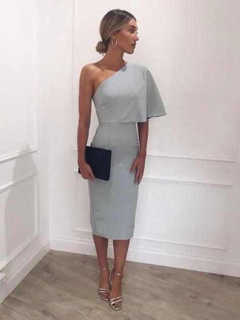 Prom Dress Light Blue One Shoulder Midi Dress With Flounce Overlay Formal Evening Party Gown