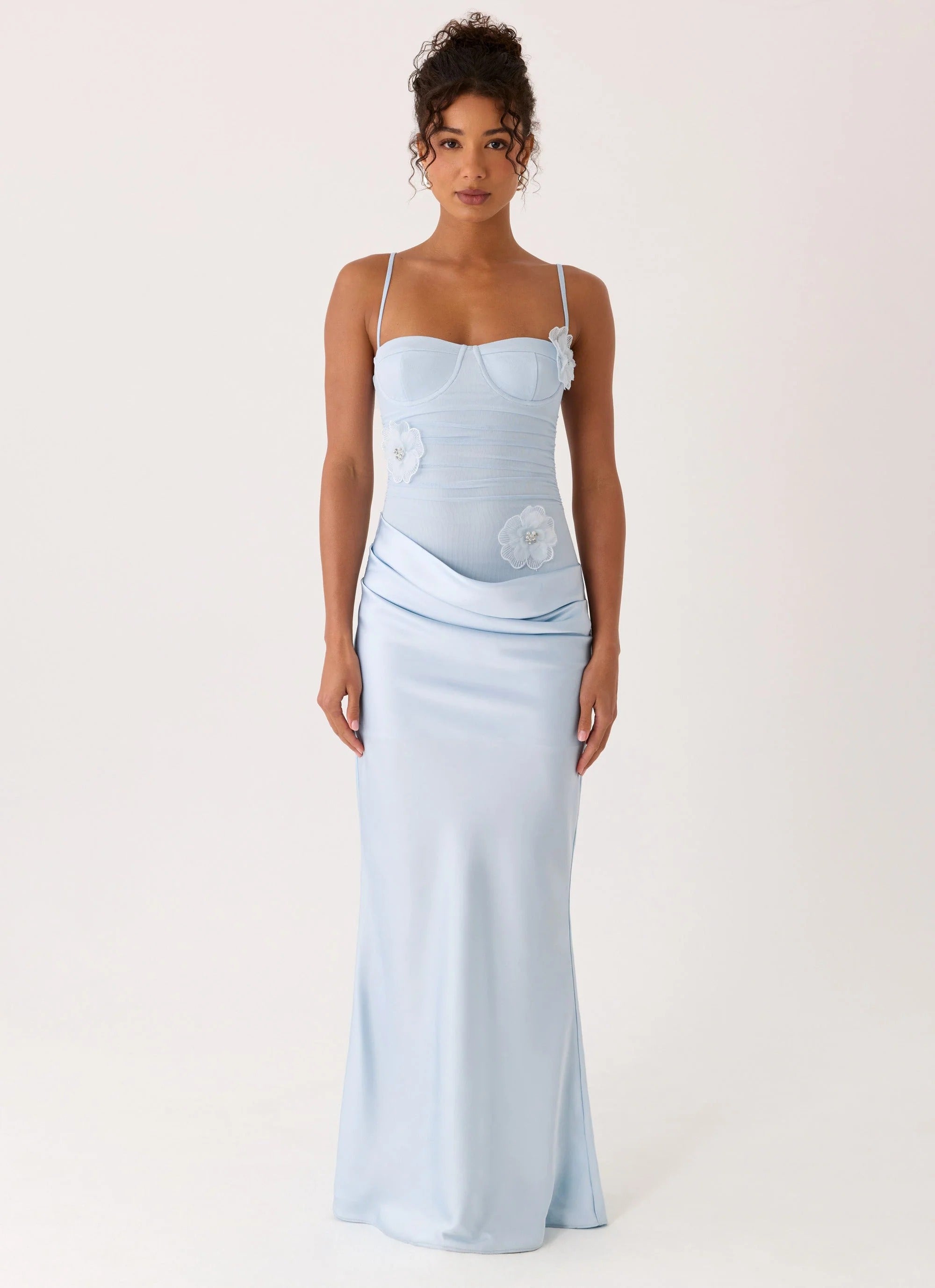 Prom Dress Light Blue Spaghetti Strap Maxi Dress With Corset Bust Floral Appliques Ruched Satin Skirt Formal Evening Party Gown