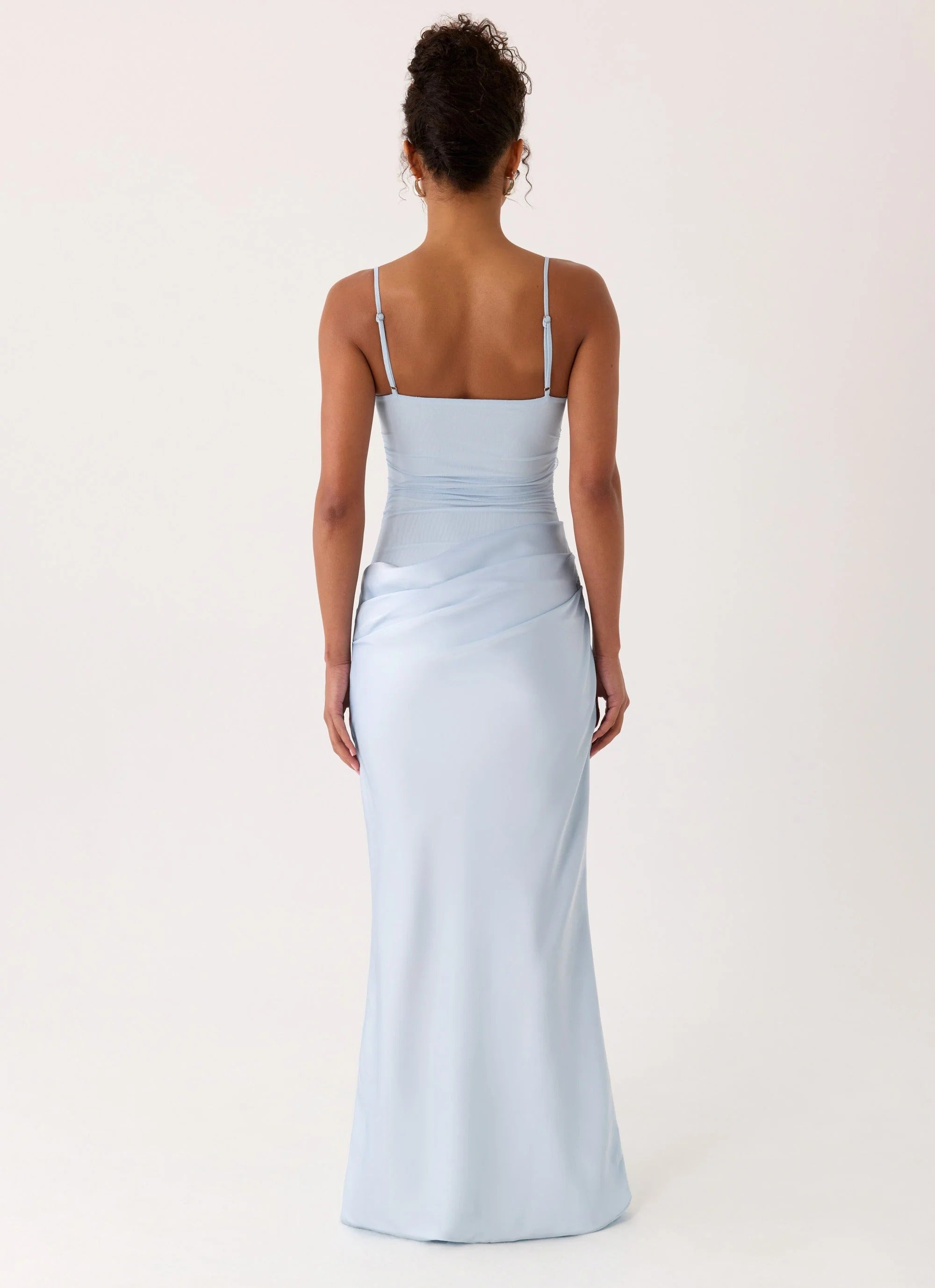 Prom Dress Light Blue Spaghetti Strap Maxi Dress With Corset Bust Floral Appliques Ruched Satin Skirt Formal Evening Party Gown