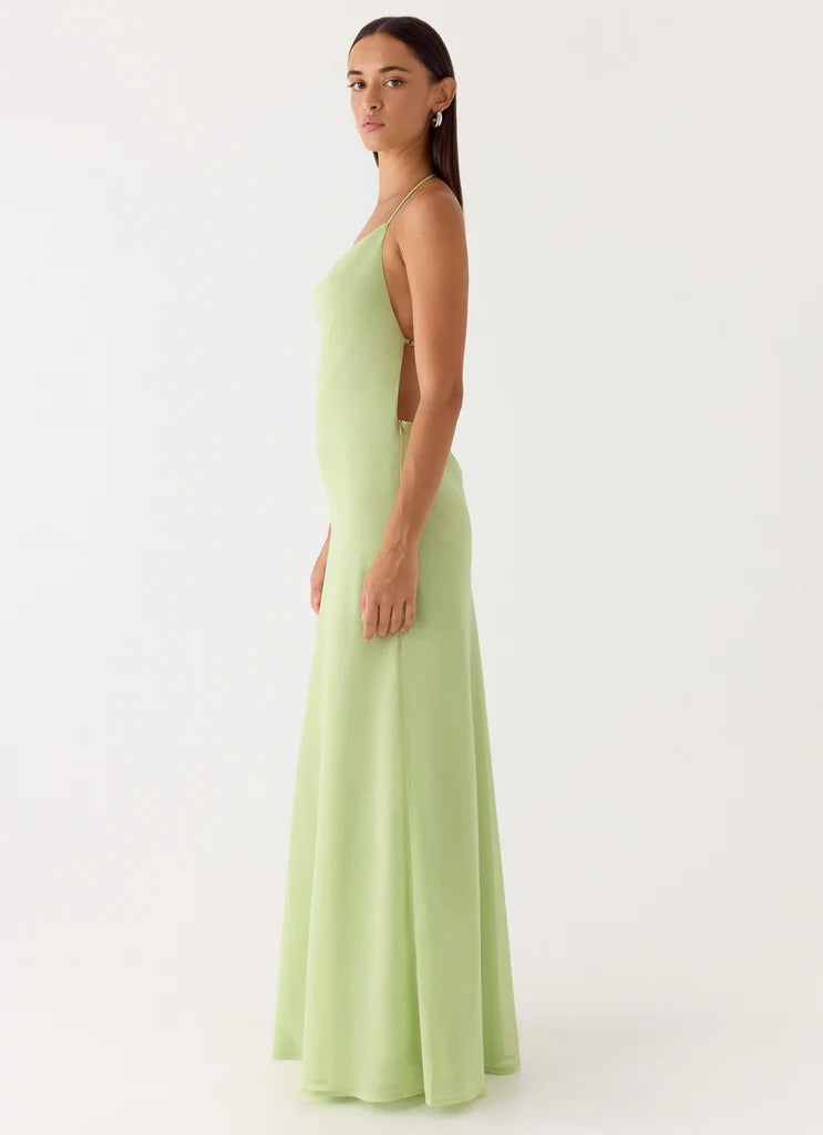 Prom Dress Light Green Halter Neck Maxi Dress With Plunge V Neck Open Back Side Cut Outs Formal Evening Party Gown