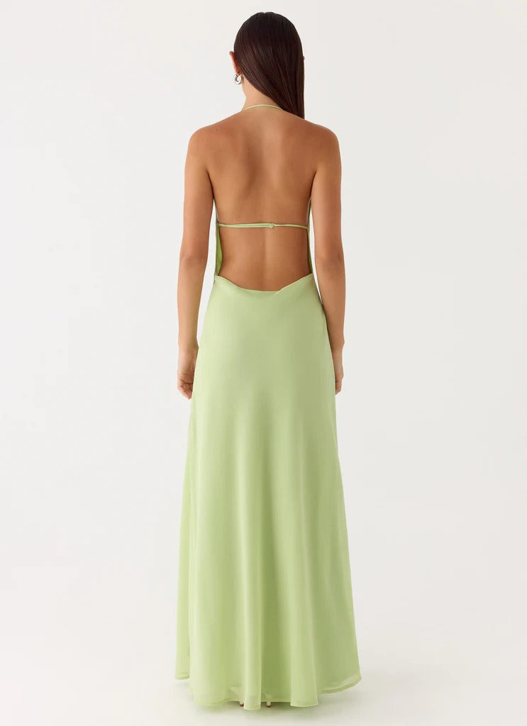 Prom Dress Light Green Halter Neck Maxi Dress With Plunge V Neck Open Back Side Cut Outs Formal Evening Party Gown