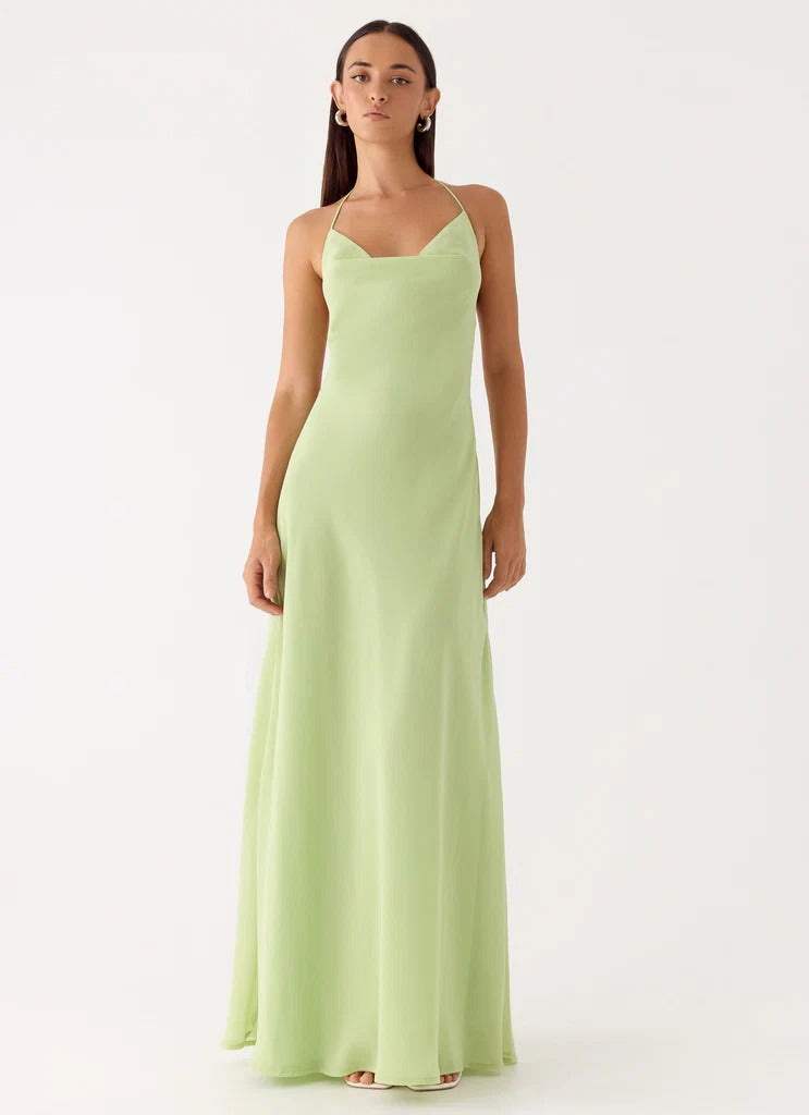 Prom Dress Light Green Halter Neck Maxi Dress With Plunge V Neck Open Back Side Cut Outs Formal Evening Party Gown