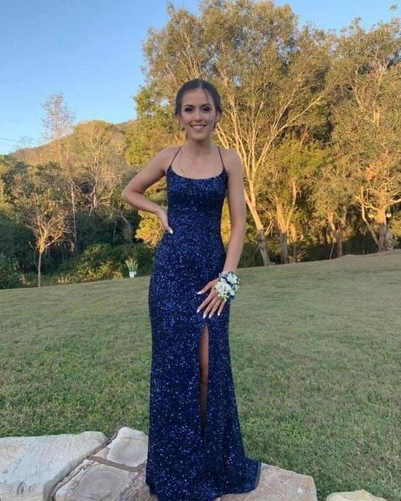 Prom Dress Navy Blue Sequin Mermaid Maxi Dress With Lace Up Back And High Slit Formal Evening Party Gown