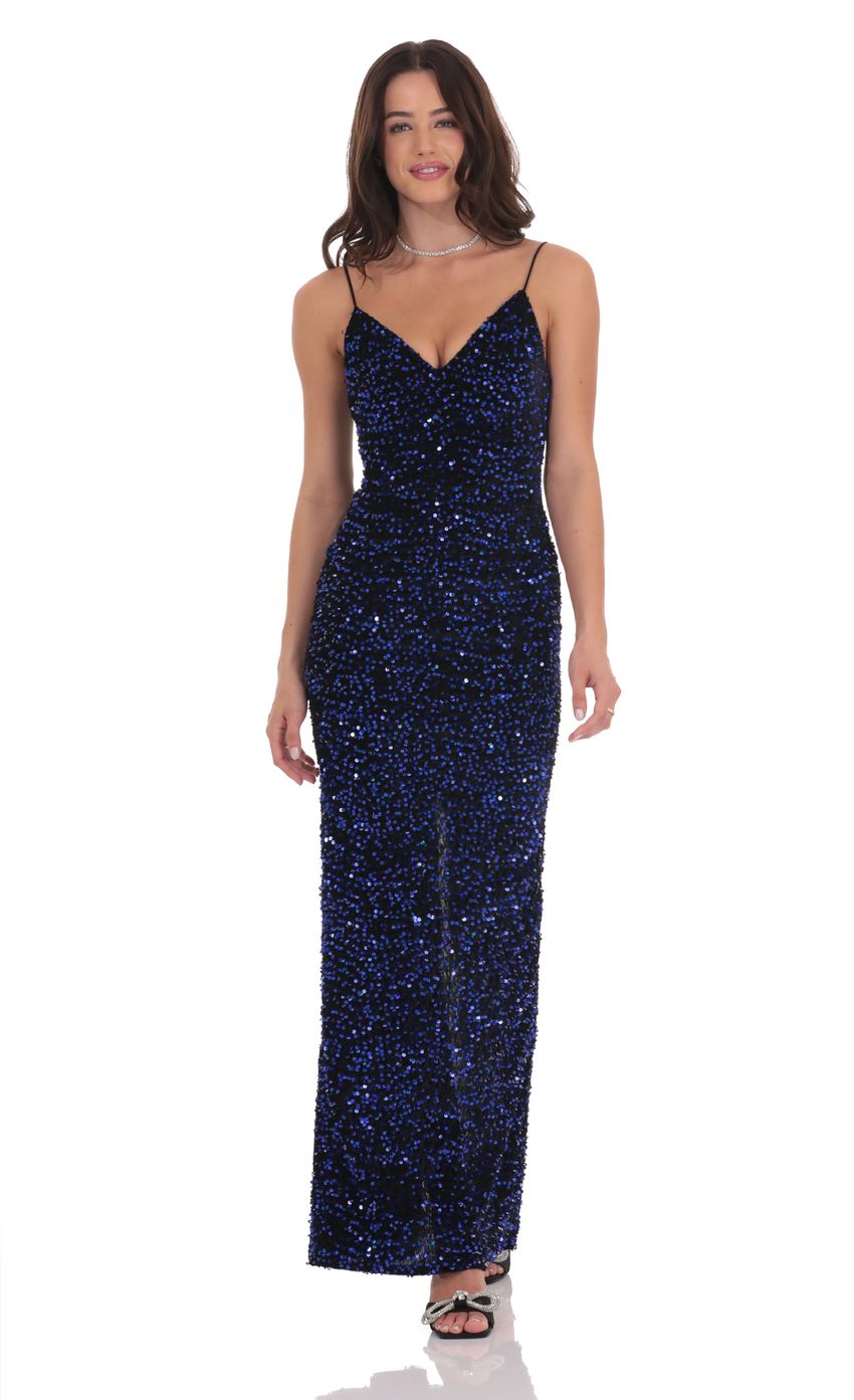 Prom Dress Navy Blue Spaghetti Strap Maxi Dress With V Neckline Sequin Embellished Open Back Bow Slit Formal Evening Party Gown
