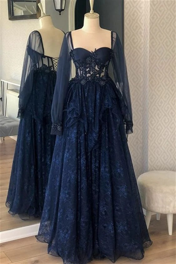 Prom Dress Navy Blue Sweetheart Neck A Line Maxi Dress With Sheer Long Sleeves And Lace Corset Formal Evening Party Gown
