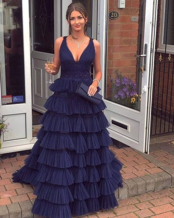 Prom Dress Navy Blue V Neck Tiered Tulle Maxi Dress With Beaded Waist Formal Evening Party Gown