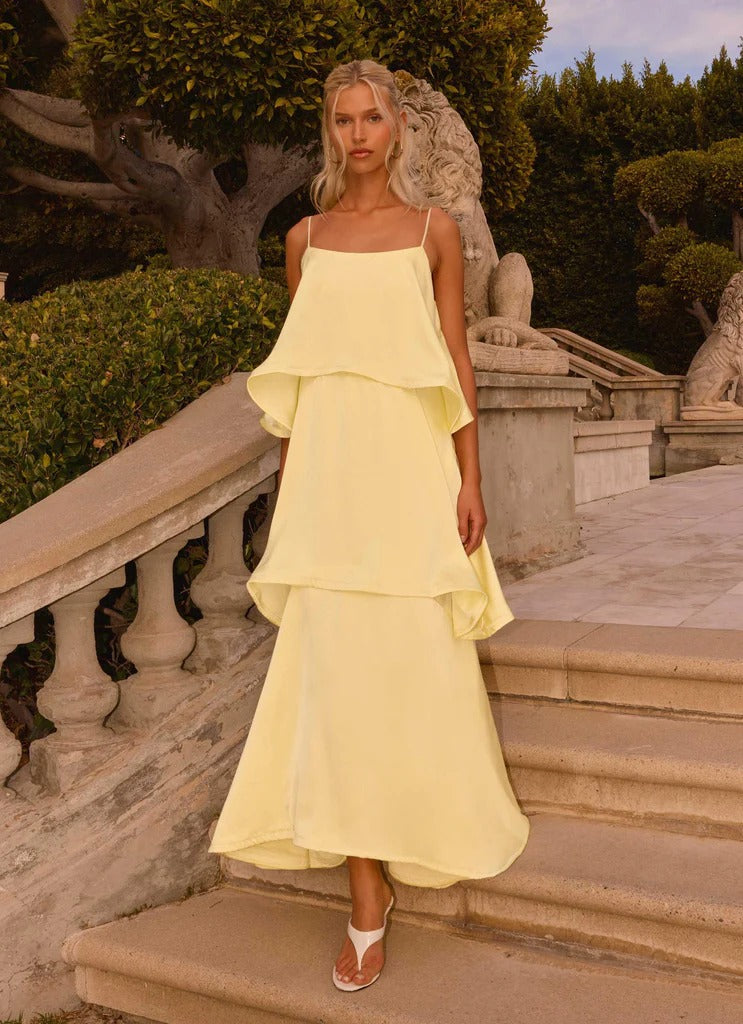 Prom Dress Pale Yellow Spaghetti Strap Maxi Dress With Tiered Layered Ruffle Skirt Open Back Formal Evening Party Gown