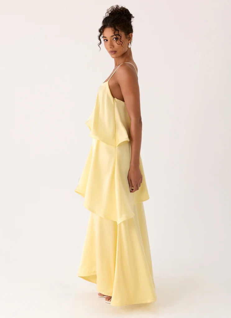 Prom Dress Pale Yellow Spaghetti Strap Maxi Dress With Tiered Layered Ruffle Skirt Open Back Formal Evening Party Gown