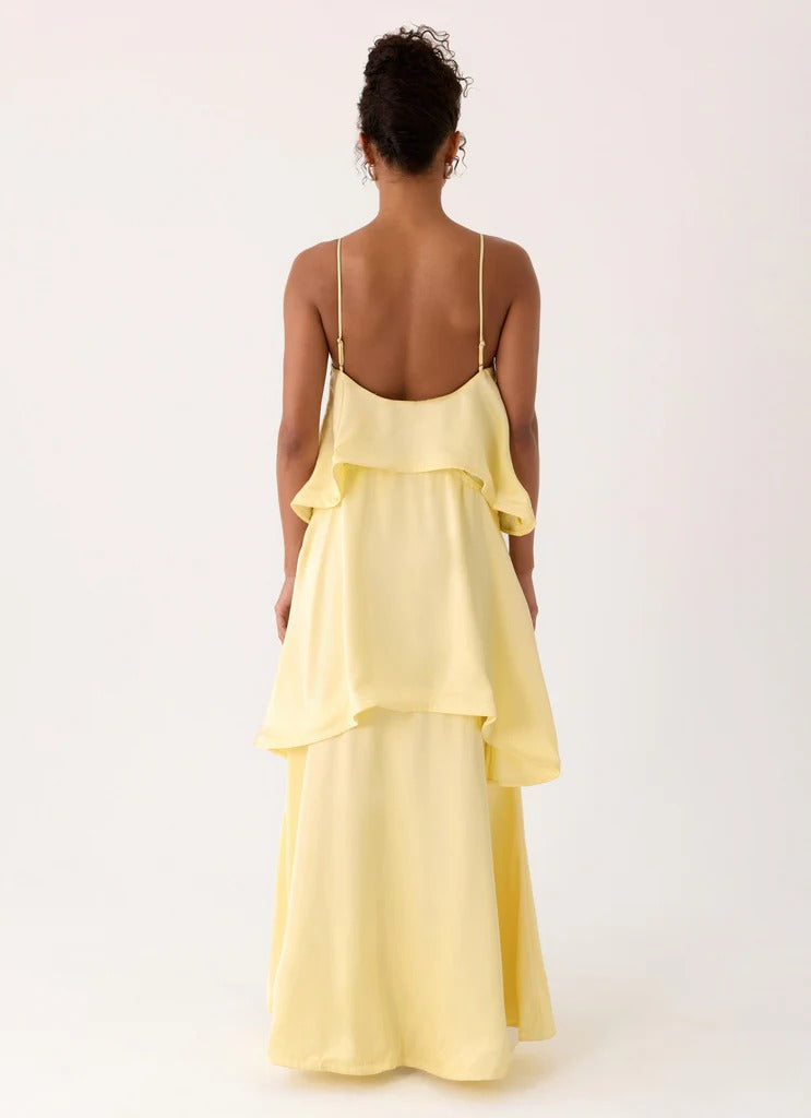 Prom Dress Pale Yellow Spaghetti Strap Maxi Dress With Tiered Layered Ruffle Skirt Open Back Formal Evening Party Gown
