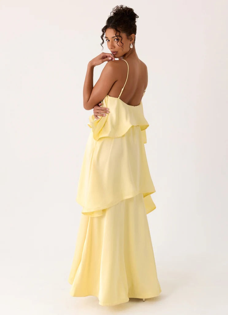 Prom Dress Pale Yellow Spaghetti Strap Maxi Dress With Tiered Layered Ruffle Skirt Open Back Formal Evening Party Gown