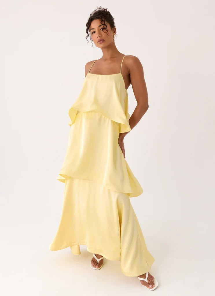 Prom Dress Pale Yellow Spaghetti Strap Maxi Dress With Tiered Layered Ruffle Skirt Open Back Formal Evening Party Gown