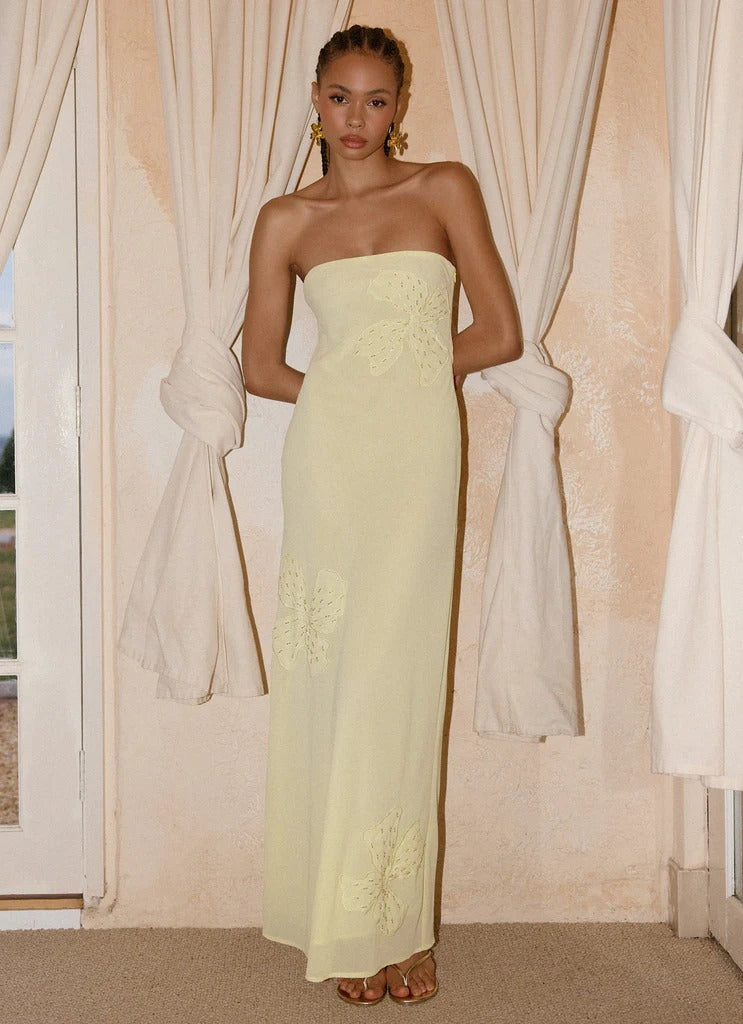Prom Dress Pale Yellow Strapless Maxi Dress With Floral Appliques Open Back Formal Evening Party Gown