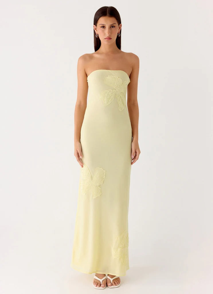 Prom Dress Pale Yellow Strapless Maxi Dress With Floral Appliques Open Back Formal Evening Party Gown