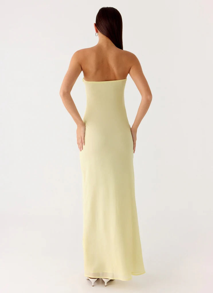 Prom Dress Pale Yellow Strapless Maxi Dress With Floral Appliques Open Back Formal Evening Party Gown