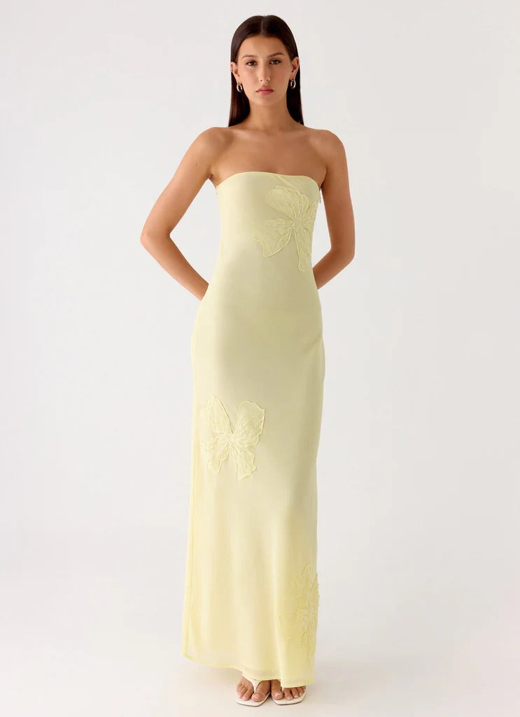 Prom Dress Pale Yellow Strapless Maxi Dress With Floral Appliques Open Back Formal Evening Party Gown