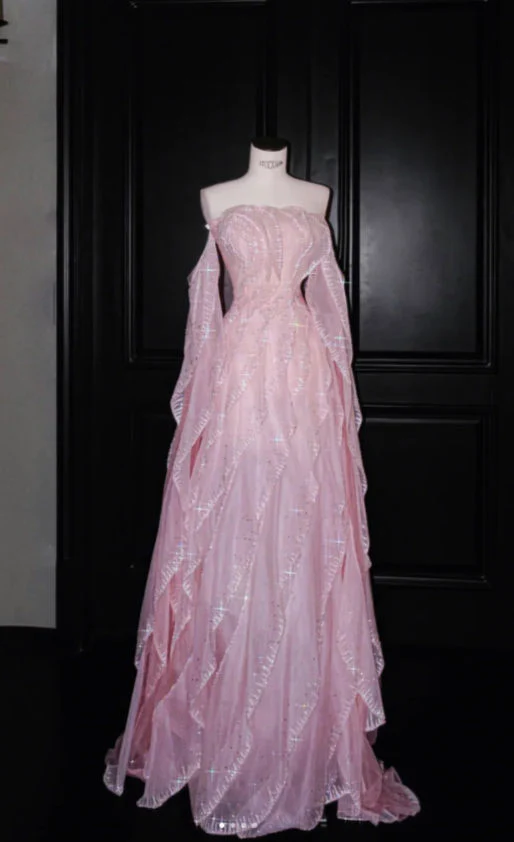 Prom Dress Pink Off Shoulder A Line Tulle Maxi Dress With Ruffled Sequined Appliques Formal Evening Party Gown
