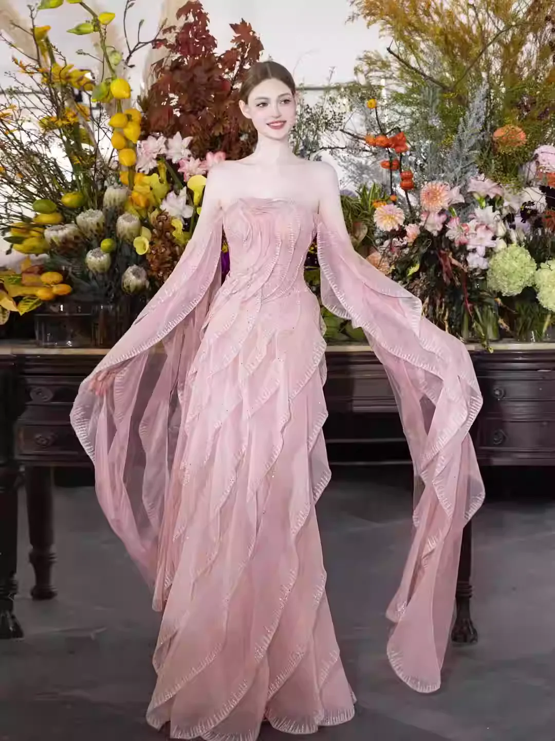 Prom Dress Pink Off Shoulder A Line Tulle Maxi Dress With Ruffled Sequined Appliques Formal Evening Party Gown