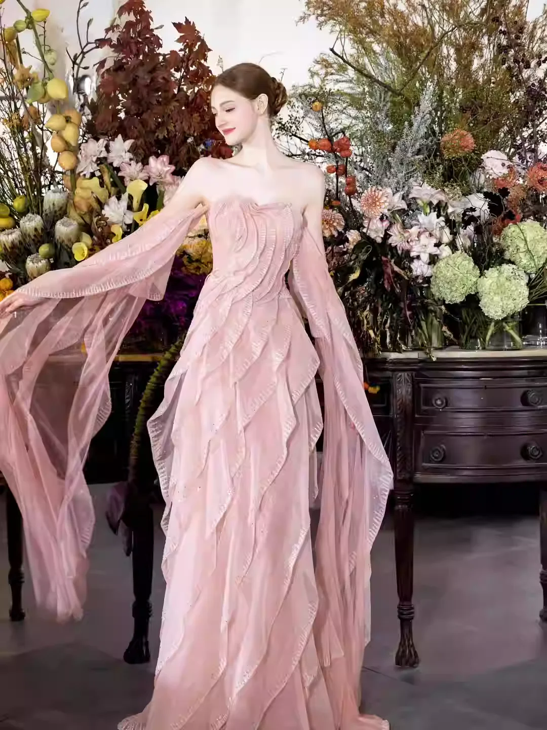 Prom Dress Pink Off Shoulder A Line Tulle Maxi Dress With Ruffled Sequined Appliques Formal Evening Party Gown