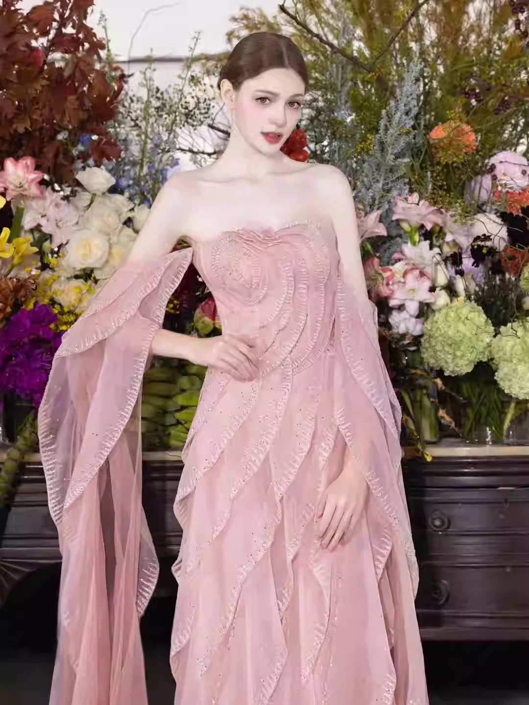 Prom Dress Pink Off Shoulder A Line Tulle Maxi Dress With Ruffled Sequined Appliques Formal Evening Party Gown
