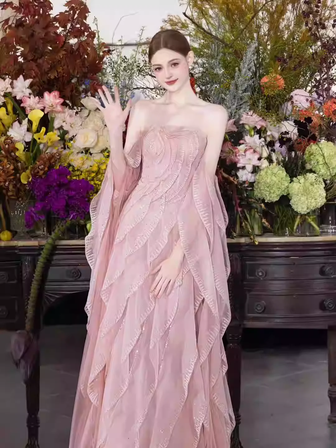 Prom Dress Pink Off Shoulder A Line Tulle Maxi Dress With Ruffled Sequined Appliques Formal Evening Party Gown