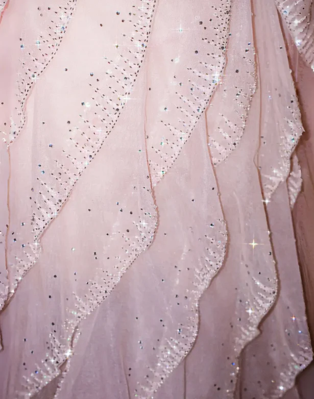 Prom Dress Pink Off Shoulder A Line Tulle Maxi Dress With Ruffled Sequined Appliques Formal Evening Party Gown