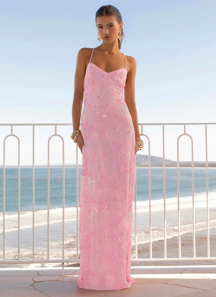 Prom Dress Pink Spaghetti Strap Maxi Dress With Floral Beaded Embroidery Crisscross Lace Up Back Formal Evening Party Gown
