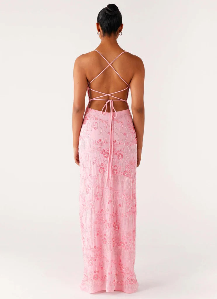 Prom Dress Pink Spaghetti Strap Maxi Dress With Floral Beaded Embroidery Crisscross Lace Up Back Formal Evening Party Gown