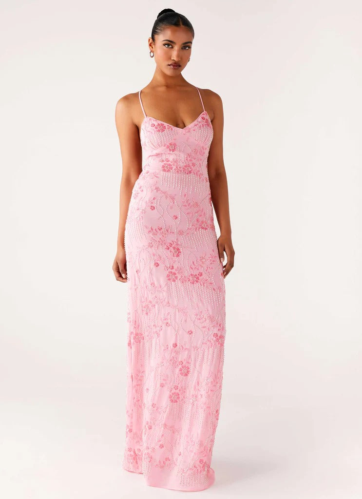 Prom Dress Pink Spaghetti Strap Maxi Dress With Floral Beaded Embroidery Crisscross Lace Up Back Formal Evening Party Gown