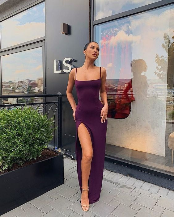 Prom Dress Plum Spaghetti Strap Bodycon Maxi Dress With Square Neckline And High Slit Formal Evening Party Gown