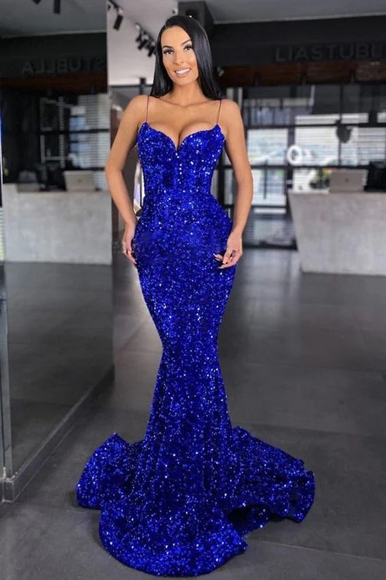 Prom Dress Royal Blue Spaghetti Strap Mermaid Maxi Dress With Sweetheart Neckline And Full Sequin Detailing Formal Evening Party Gown