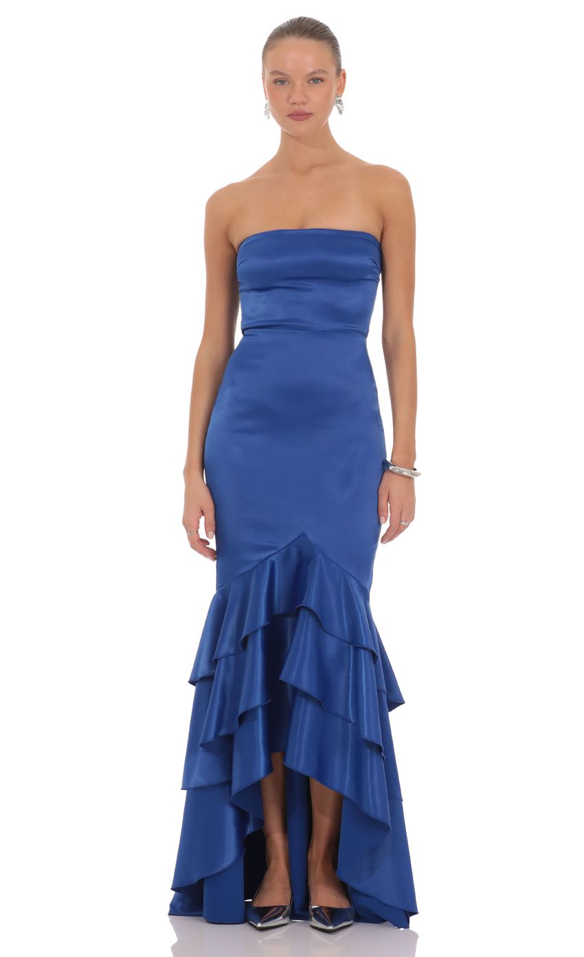 Prom Dress Royal Blue Strapless Mermaid Maxi Dress With Open Back Bow Tiered Ruffle Skirt Formal Evening Party Gown