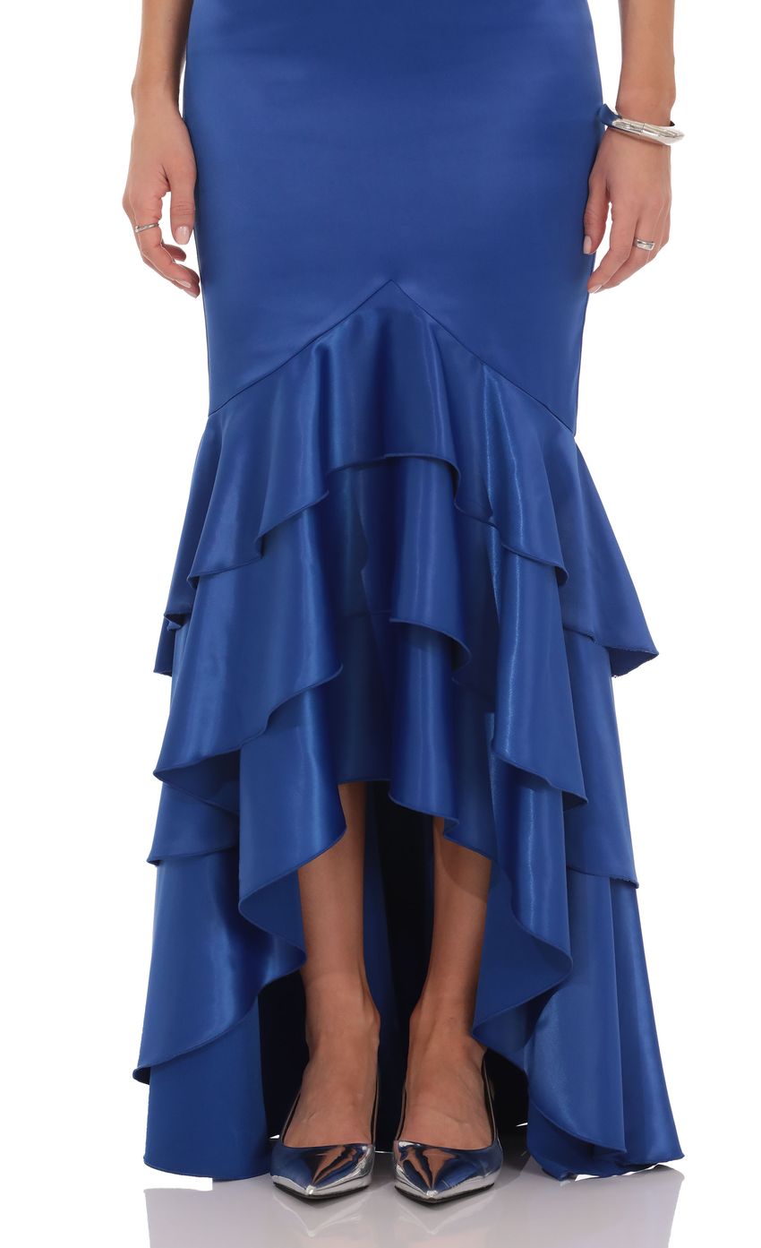 Prom Dress Royal Blue Strapless Mermaid Maxi Dress With Open Back Bow Tiered Ruffle Skirt Formal Evening Party Gown