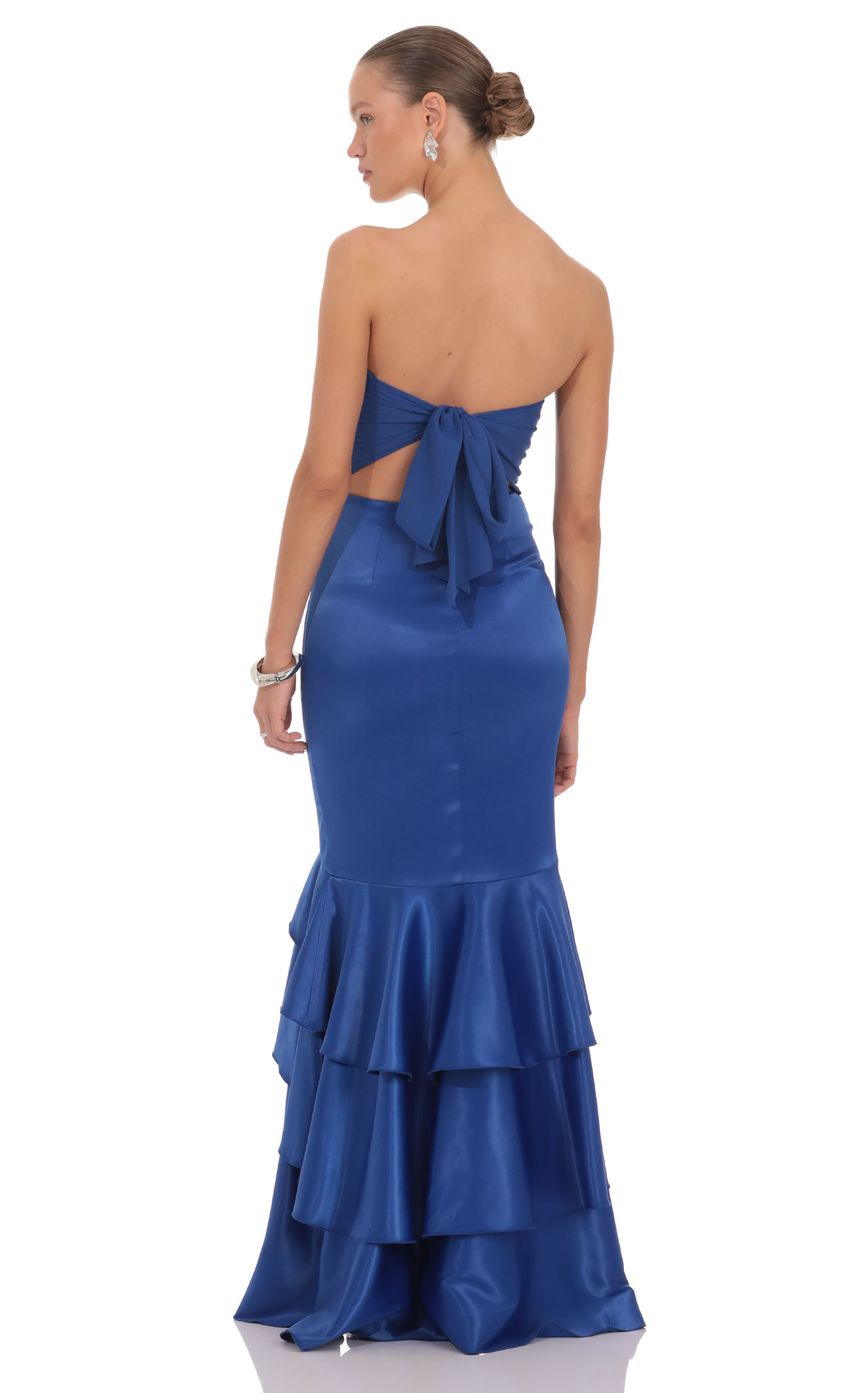 Prom Dress Royal Blue Strapless Mermaid Maxi Dress With Open Back Bow Tiered Ruffle Skirt Formal Evening Party Gown
