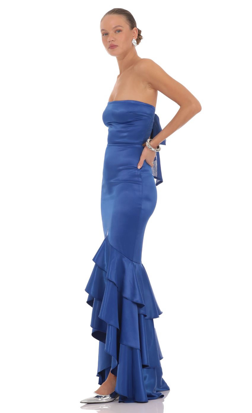 Prom Dress Royal Blue Strapless Mermaid Maxi Dress With Open Back Bow Tiered Ruffle Skirt Formal Evening Party Gown