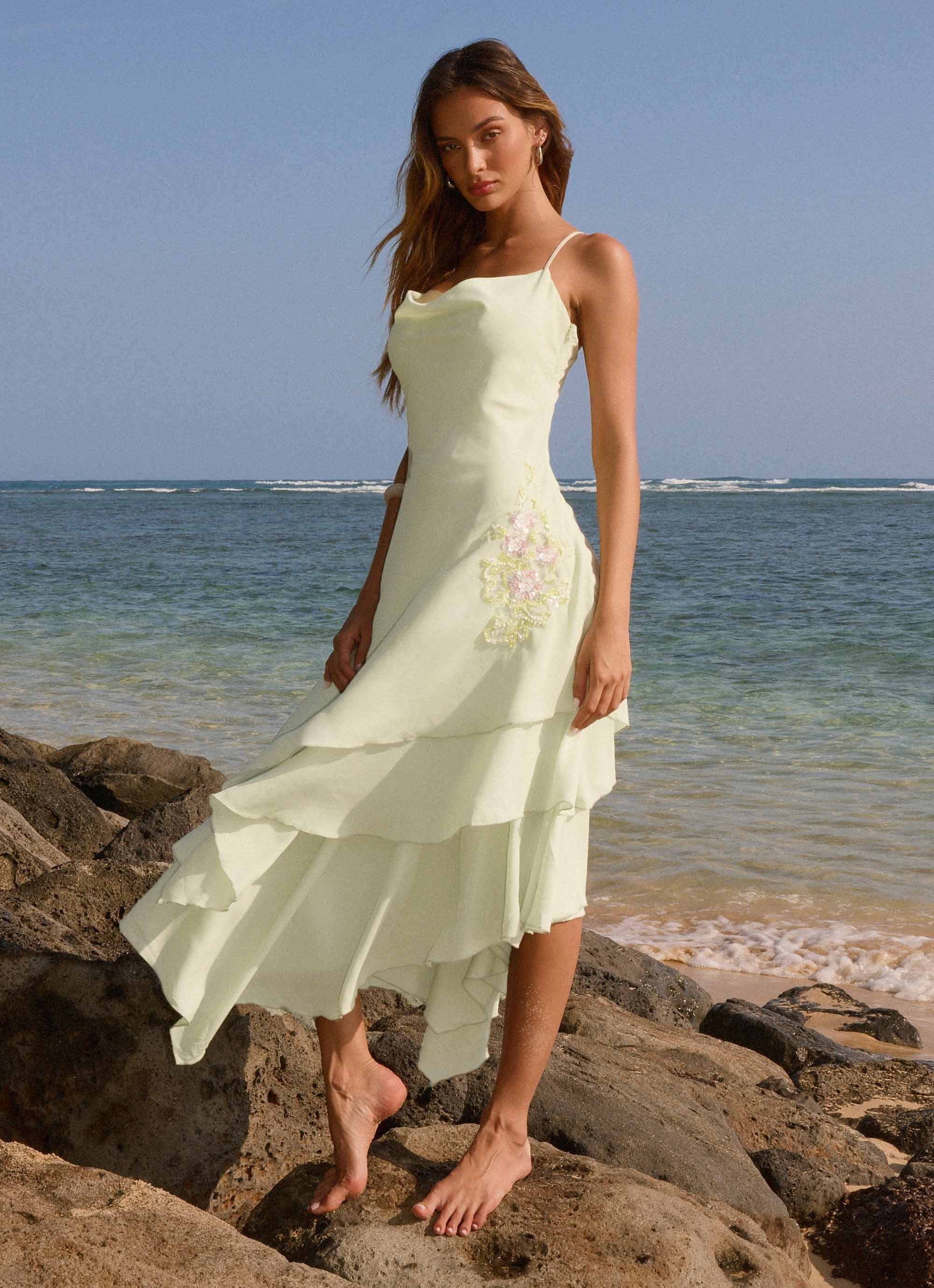 Prom Dress Sage Green Spaghetti Strap Maxi Dress With Cowl Neckline Asymmetric Tiered Skirt Floral Beaded Embroidery Formal Evening Party Gown
