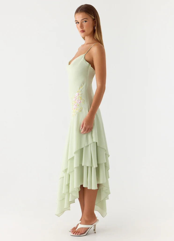 Prom Dress Sage Green Spaghetti Strap Maxi Dress With Cowl Neckline Asymmetric Tiered Skirt Floral Beaded Embroidery Formal Evening Party Gown