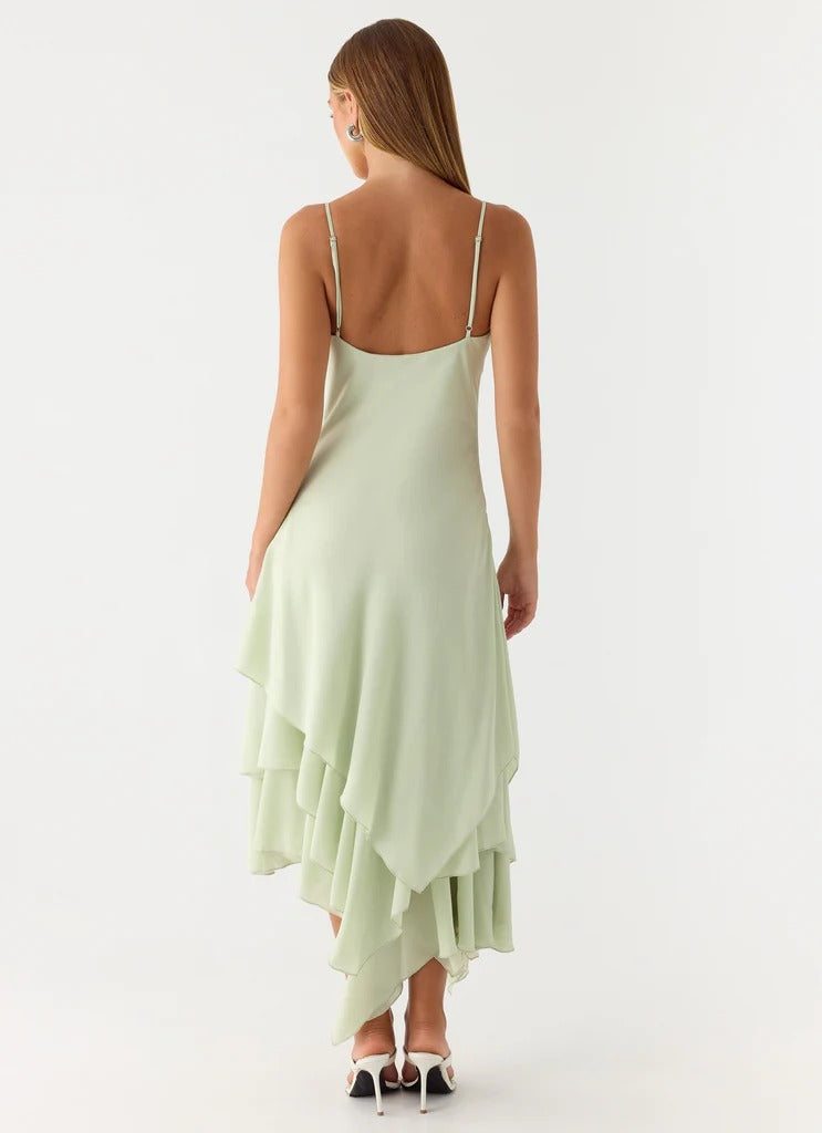 Prom Dress Sage Green Spaghetti Strap Maxi Dress With Cowl Neckline Asymmetric Tiered Skirt Floral Beaded Embroidery Formal Evening Party Gown