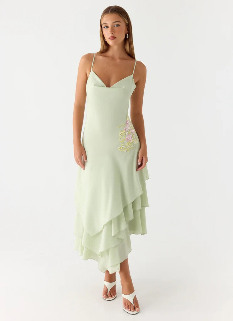 Prom Dress Sage Green Spaghetti Strap Maxi Dress With Cowl Neckline Asymmetric Tiered Skirt Floral Beaded Embroidery Formal Evening Party Gown