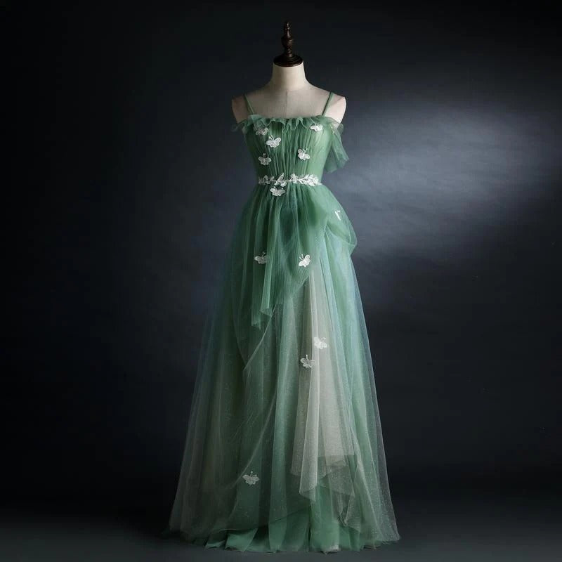 Prom Dress Sage Green Spaghetti Strap Tulle Maxi Dress With Butterfly Appliques And Corset Back Formal Evening Party Gown