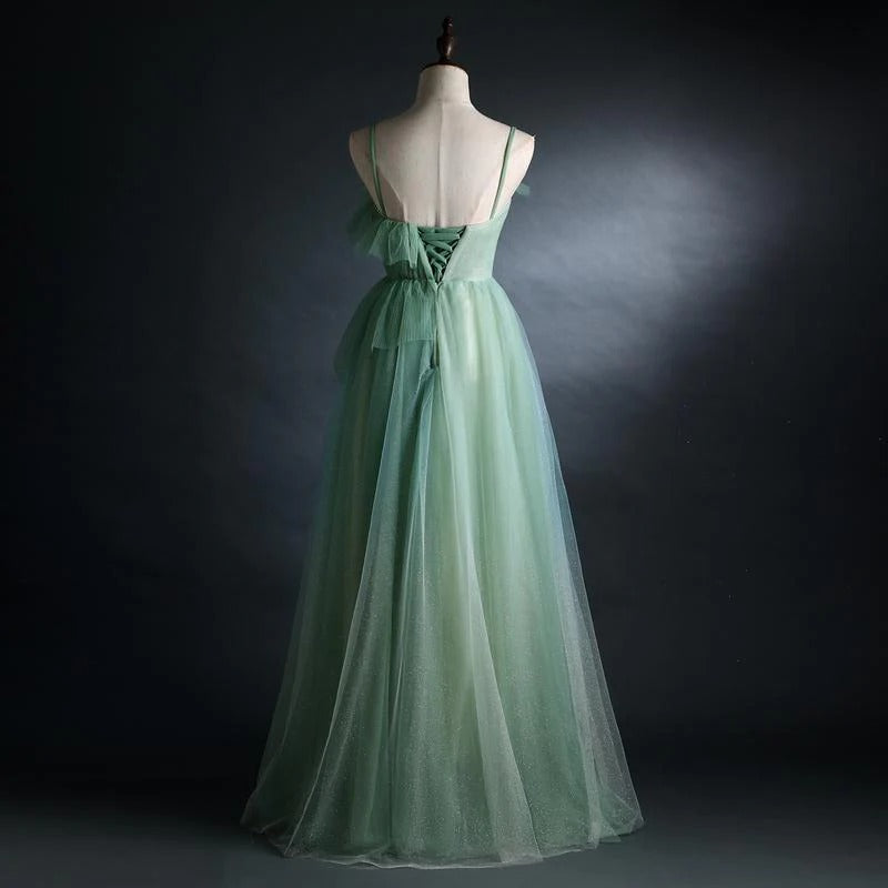 Prom Dress Sage Green Spaghetti Strap Tulle Maxi Dress With Butterfly Appliques And Corset Back Formal Evening Party Gown