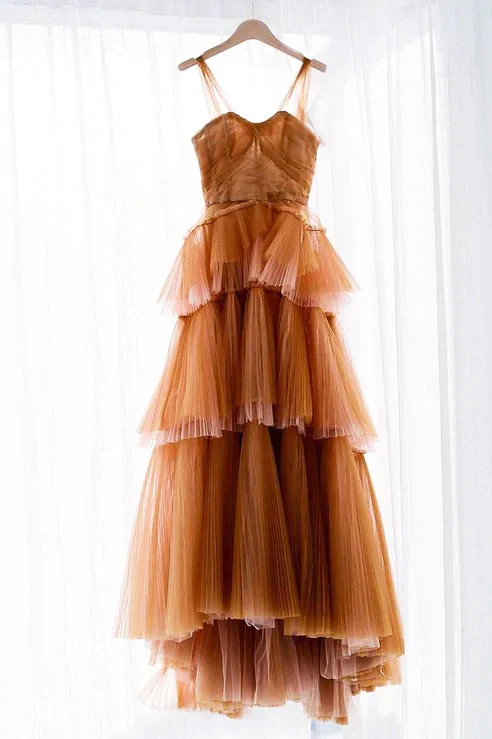 Prom Dress Terracotta Off Shoulder Tiered Pleated Tulle Maxi Dress Formal Evening Party Gown