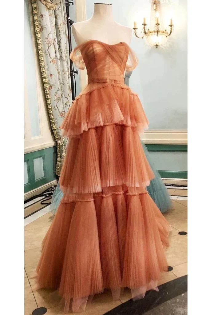 Prom Dress Terracotta Off Shoulder Tiered Pleated Tulle Maxi Dress Formal Evening Party Gown