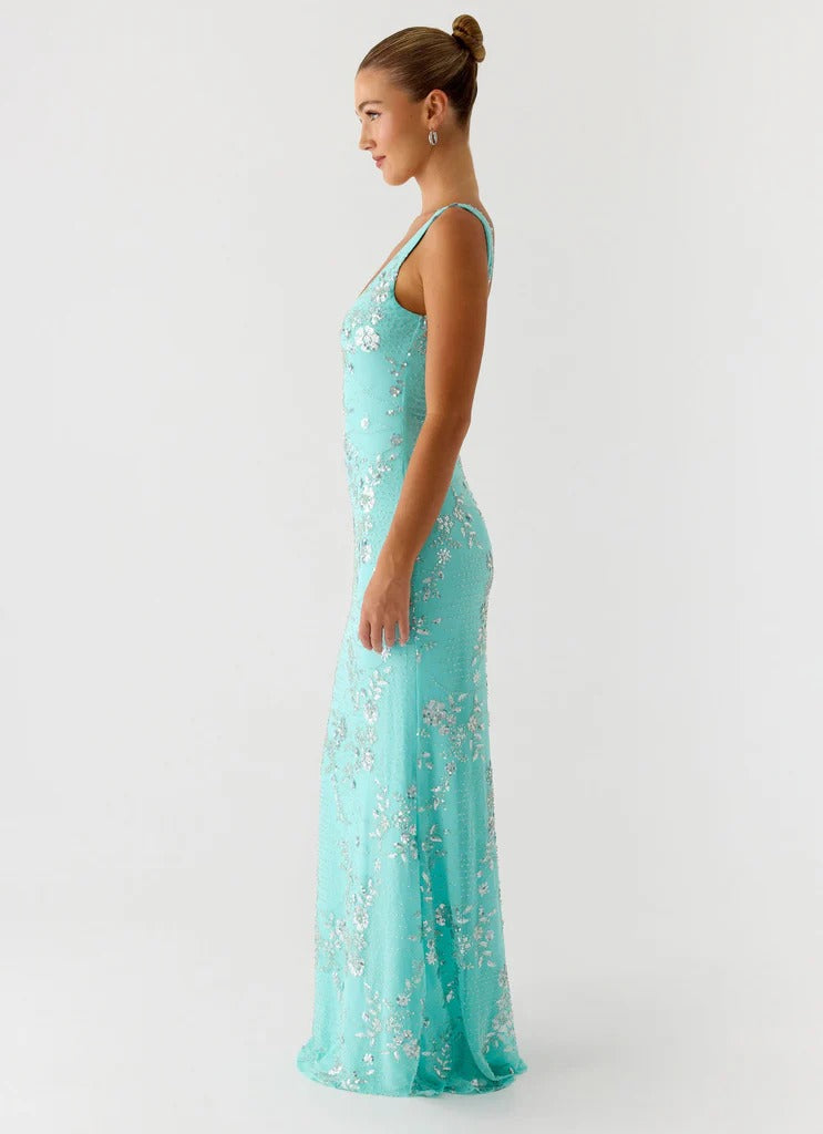 Prom Dress Turquoise Sleeveless Maxi Dress With Floral Sequin Embroidery Low Open Back Formal Evening Party Gown