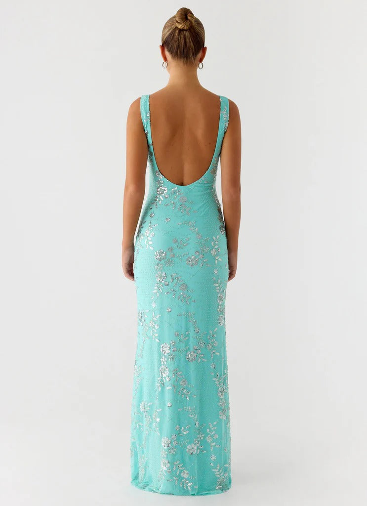 Prom Dress Turquoise Sleeveless Maxi Dress With Floral Sequin Embroidery Low Open Back Formal Evening Party Gown